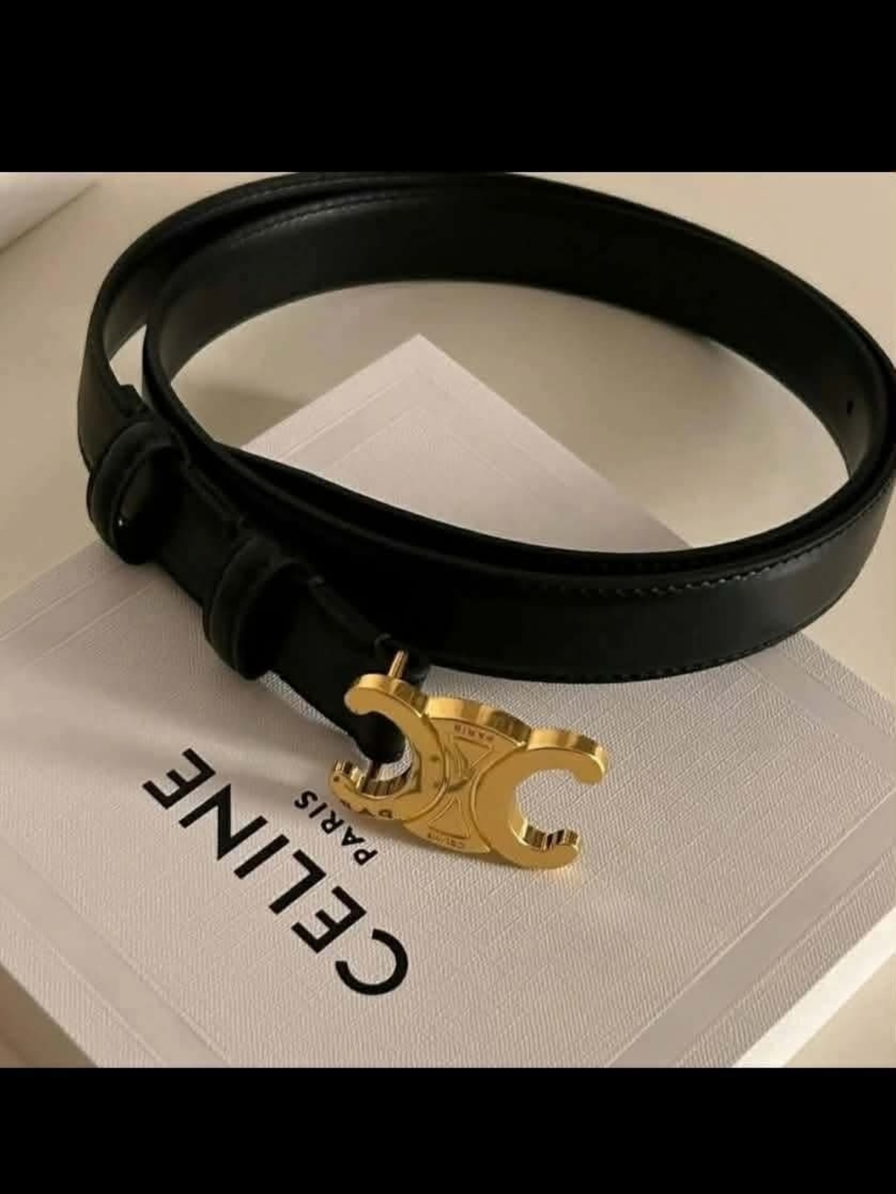 CELINE Triomphe Black Leather Belt with Gold Buckle Size 95cm